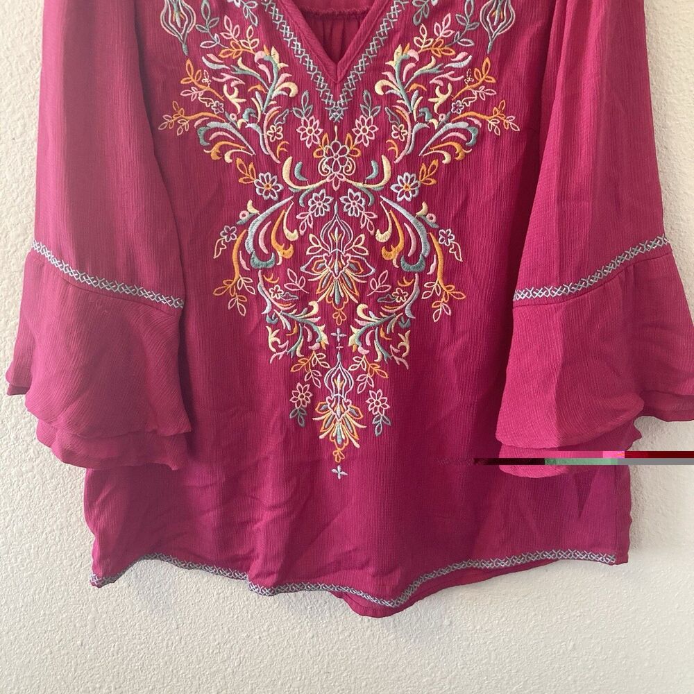 Savanna Jane Tunic Top Women's Small Magenta Embroidered Bell Sleeve Boho - Picture 5 of 16